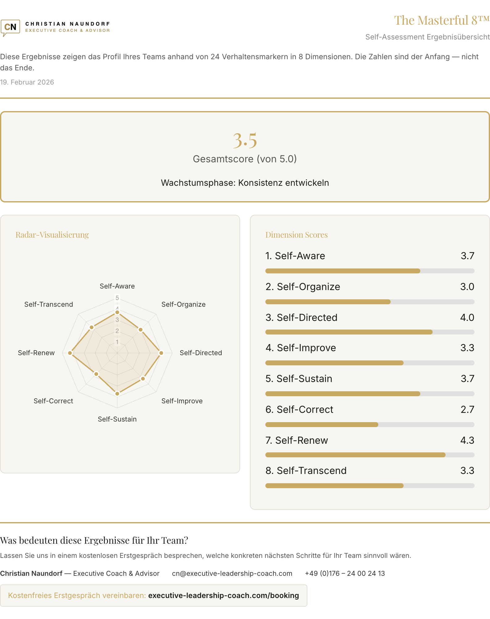 Masterful 8® Self-Assessment Ergebnisübersicht — Radar-Visualisierung und Dimension Scores